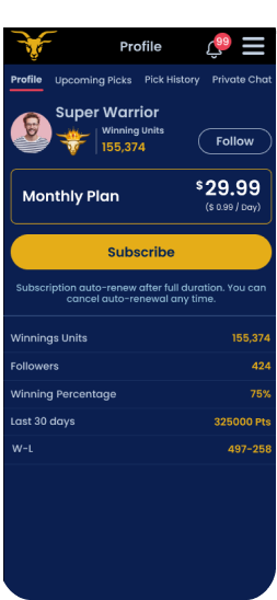 Goatclub GOATS profile App screen